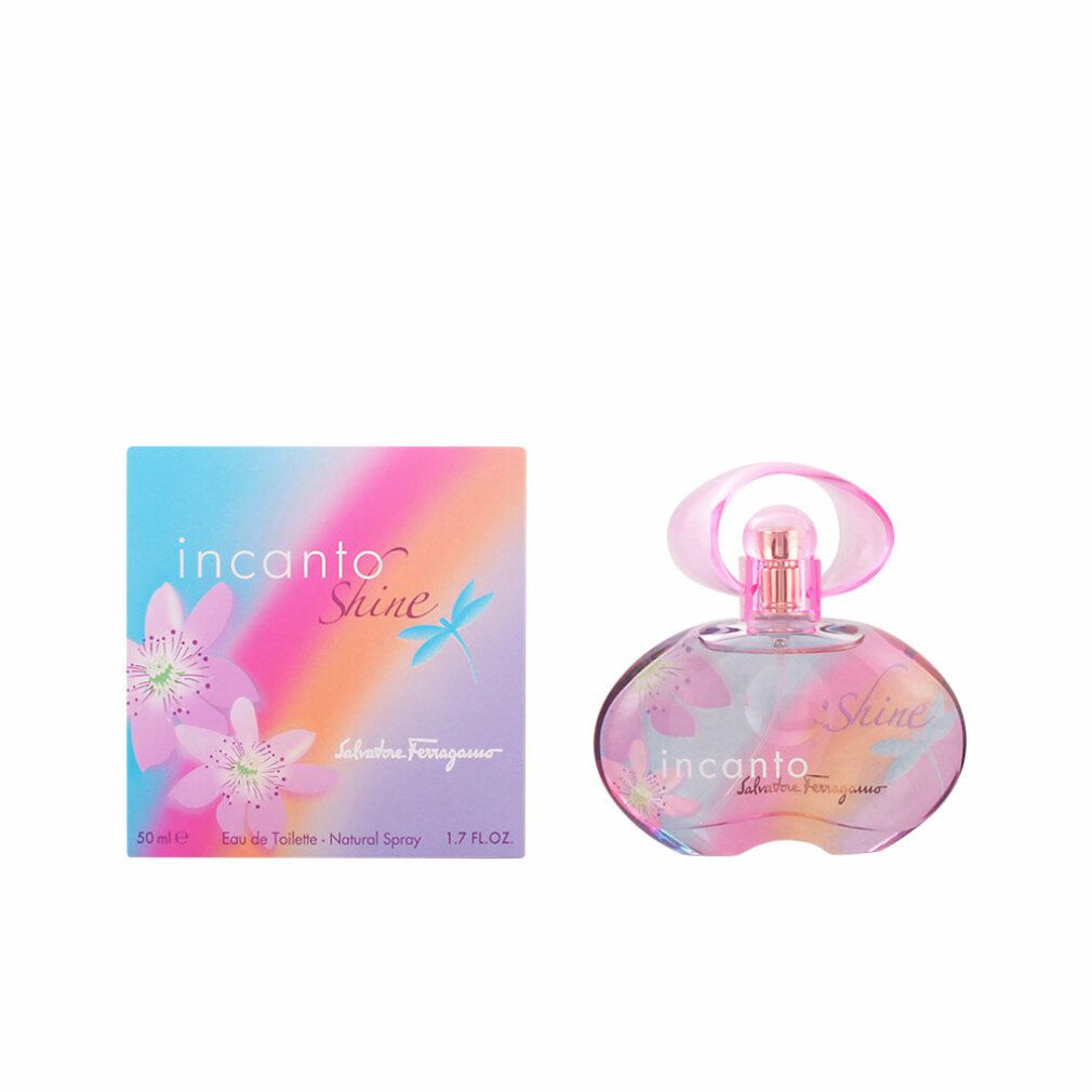 Flacone di profumo e scatola. Flacone rotondo, tappo rosa. Scatola con fiori e arcobaleno. Scritta: Incanto Shine.