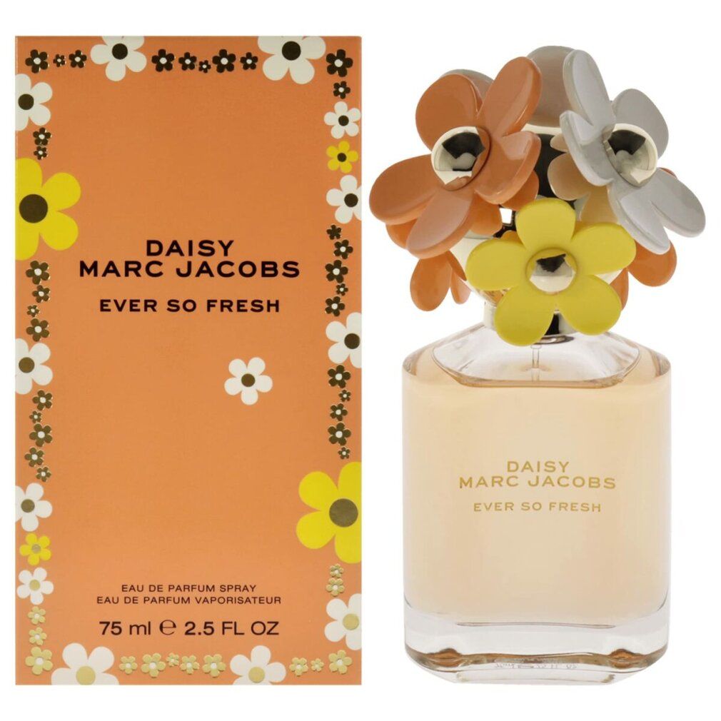 Flacone di profumo con tappo a fiore e confezione arancione. Scritta: Daisy Marc Jacobs Ever So Fresh.