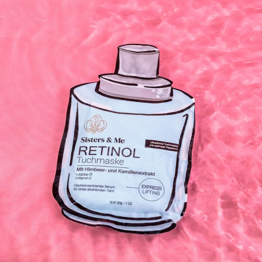 Maschera in tessuto al retinolo su tessuto rosa. Confezione azzurra con nome del prodotto e ingredienti. Coperchio grigio.