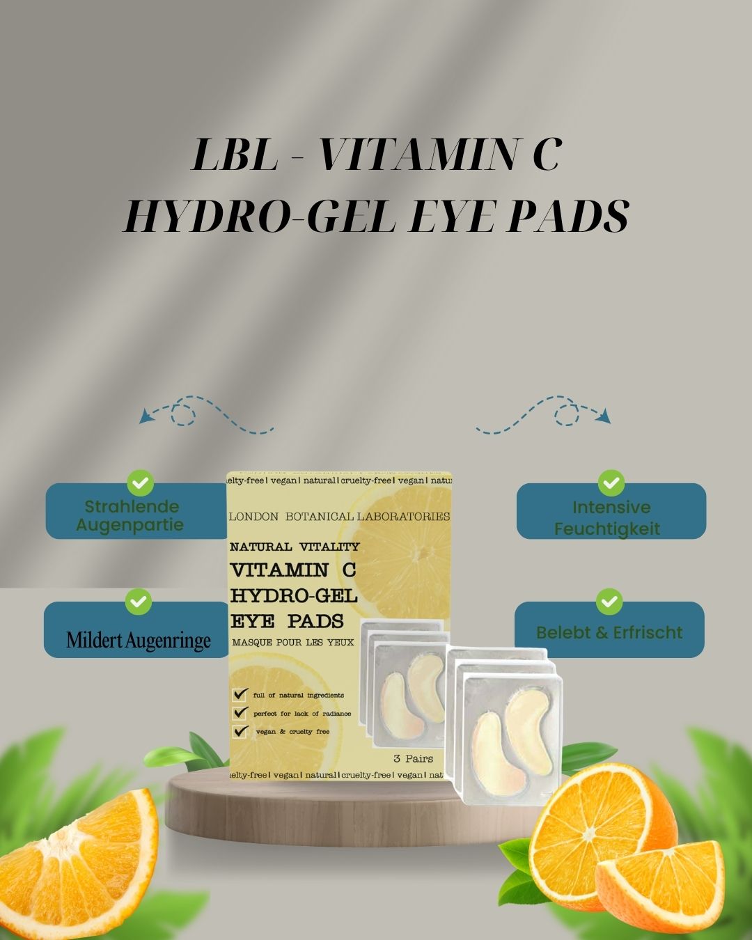 London Botanical Laboratories Vitamin C Hydro-Gel Eye Pads con arance.
