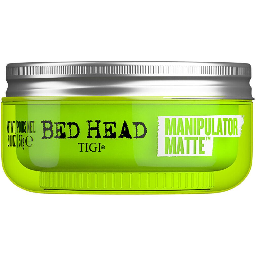 Vasetto verde con coperchio argentato. Scritta: BED HEAD, MANIPULATOR MATTE, TIGI. Nome del prodotto e marchio ben visibili.