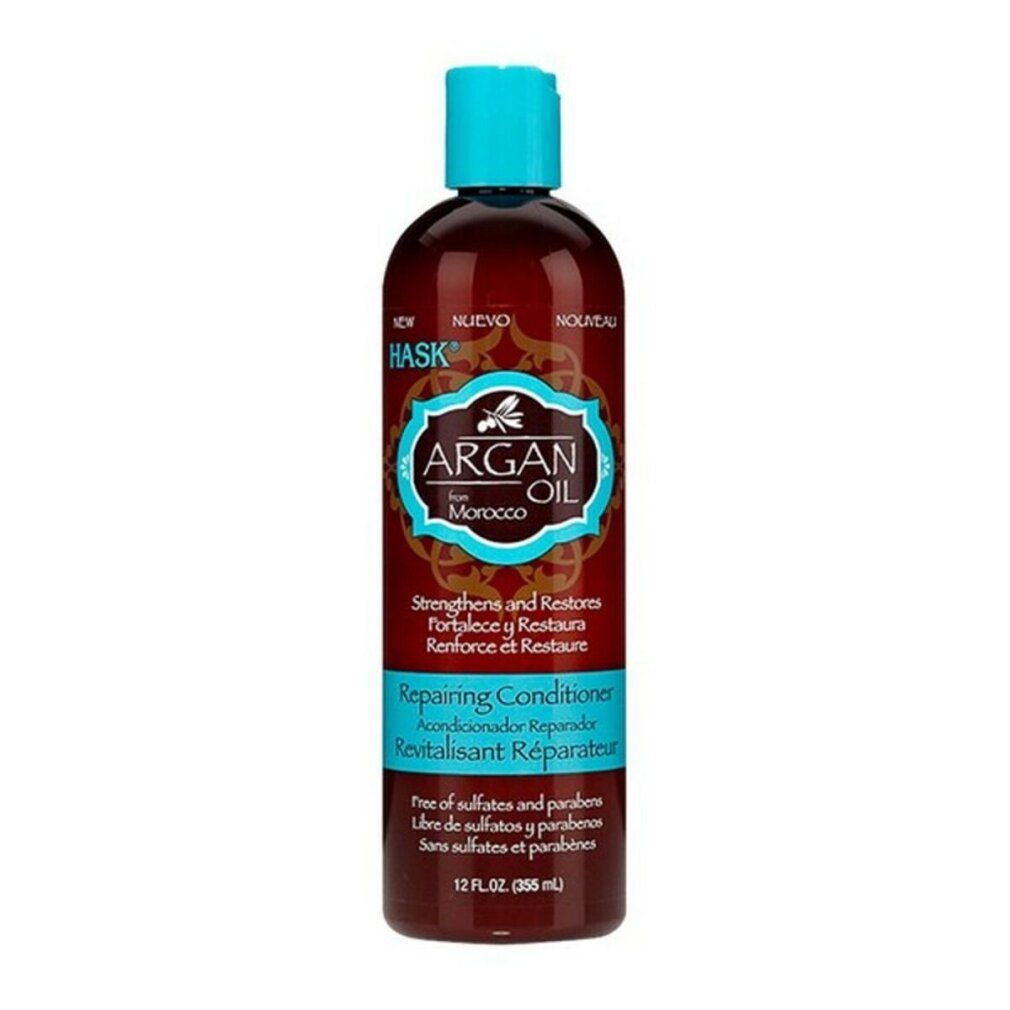 Flacone marrone con tappo blu. Scritta: Hask Argan Oil, Repairing Conditioner. Contiene 355 ml.