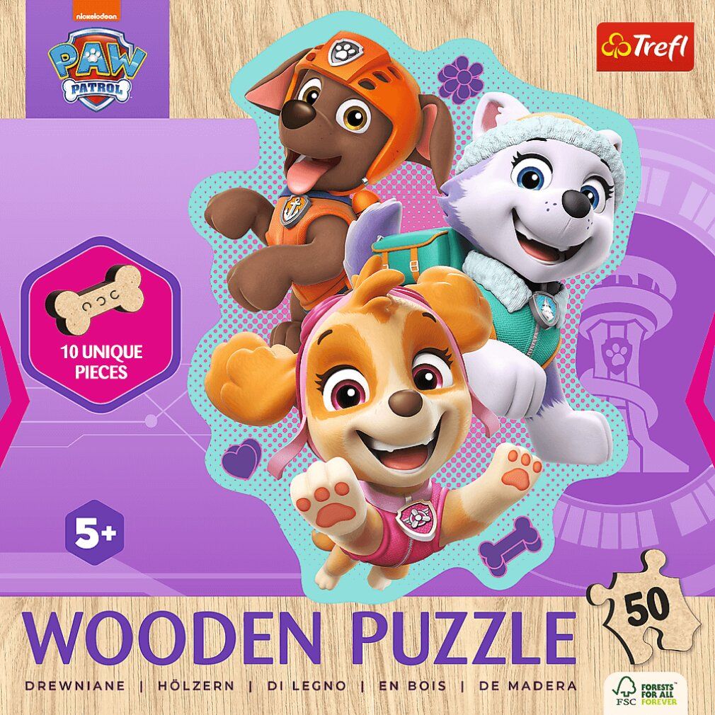 Puzzle in legno Trefl con personaggi Paw Patrol, 50 pezzi. Confezione con logo, personaggi e testo. Età consigliata 5+.