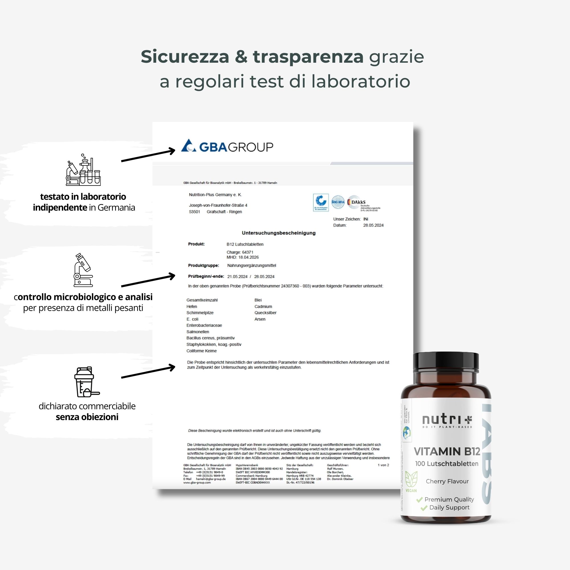 Pastiglie nutri+ Vitamina B12 e certificato di laboratorio tedesco indipendente.
