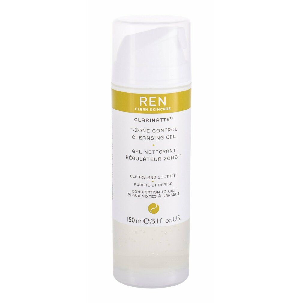 Flacone bianco trasparente, etichetta gialla. Testo: REN Clarimatte T-Zone Control Cleansing Gel. 150 ml.