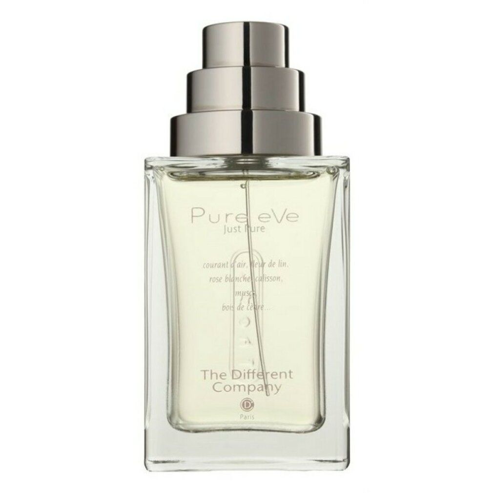 Flacone quadrato in vetro con vaporizzatore argentato. Scritta "Pure Eve" e "The Different Company".