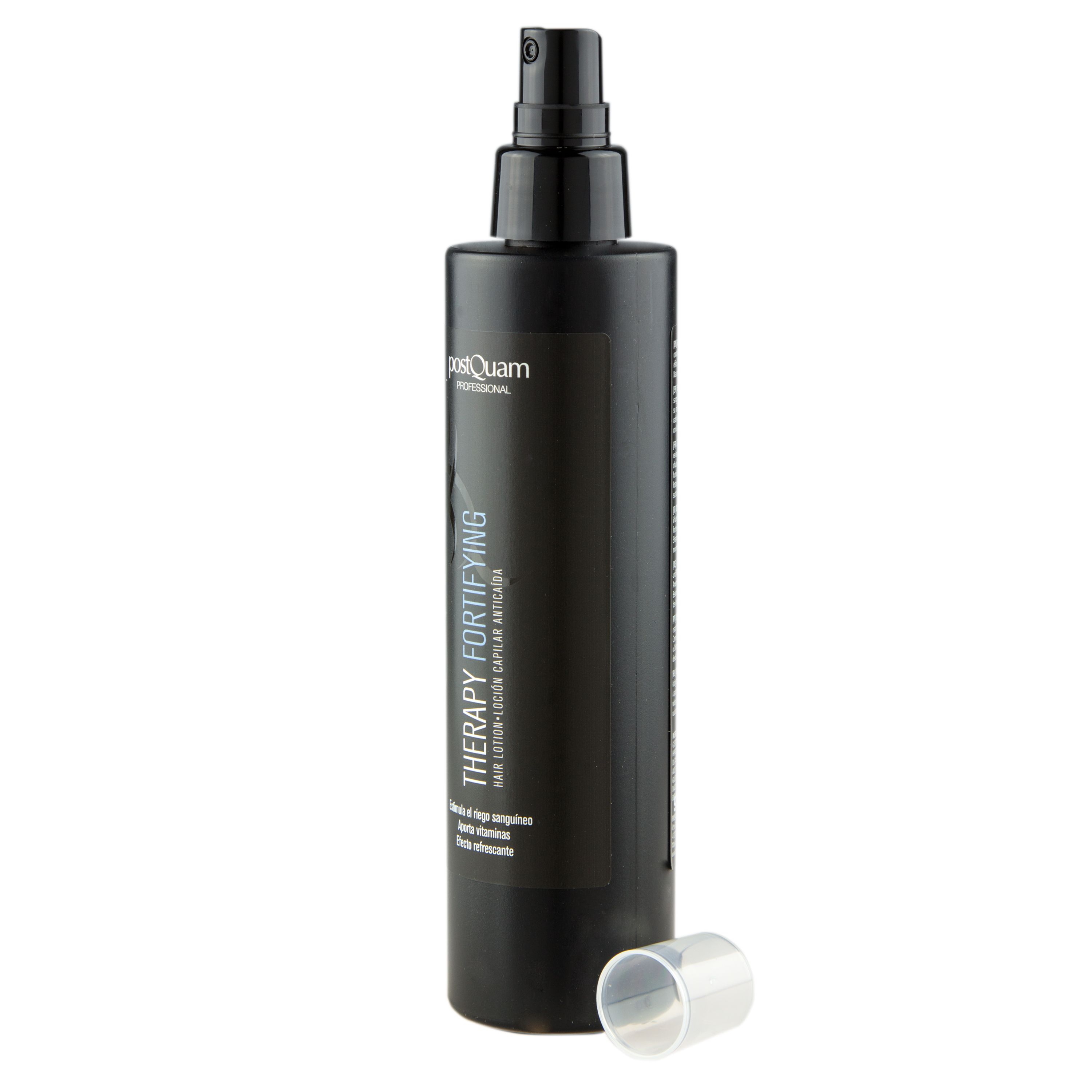 Flacone spray nero con stampa bianca. Testo: Therapy Fortifying, Hair Lotion. Marchio: PostQuam Professional. Tappo accanto.