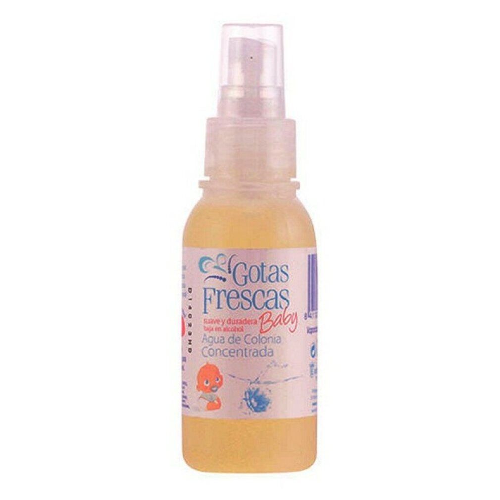 Flacone trasparente con liquido giallastro e vaporizzatore. Scritta: Gotas Frescas Baby. Nome prodotto: Agua de Colonia Concentrada.