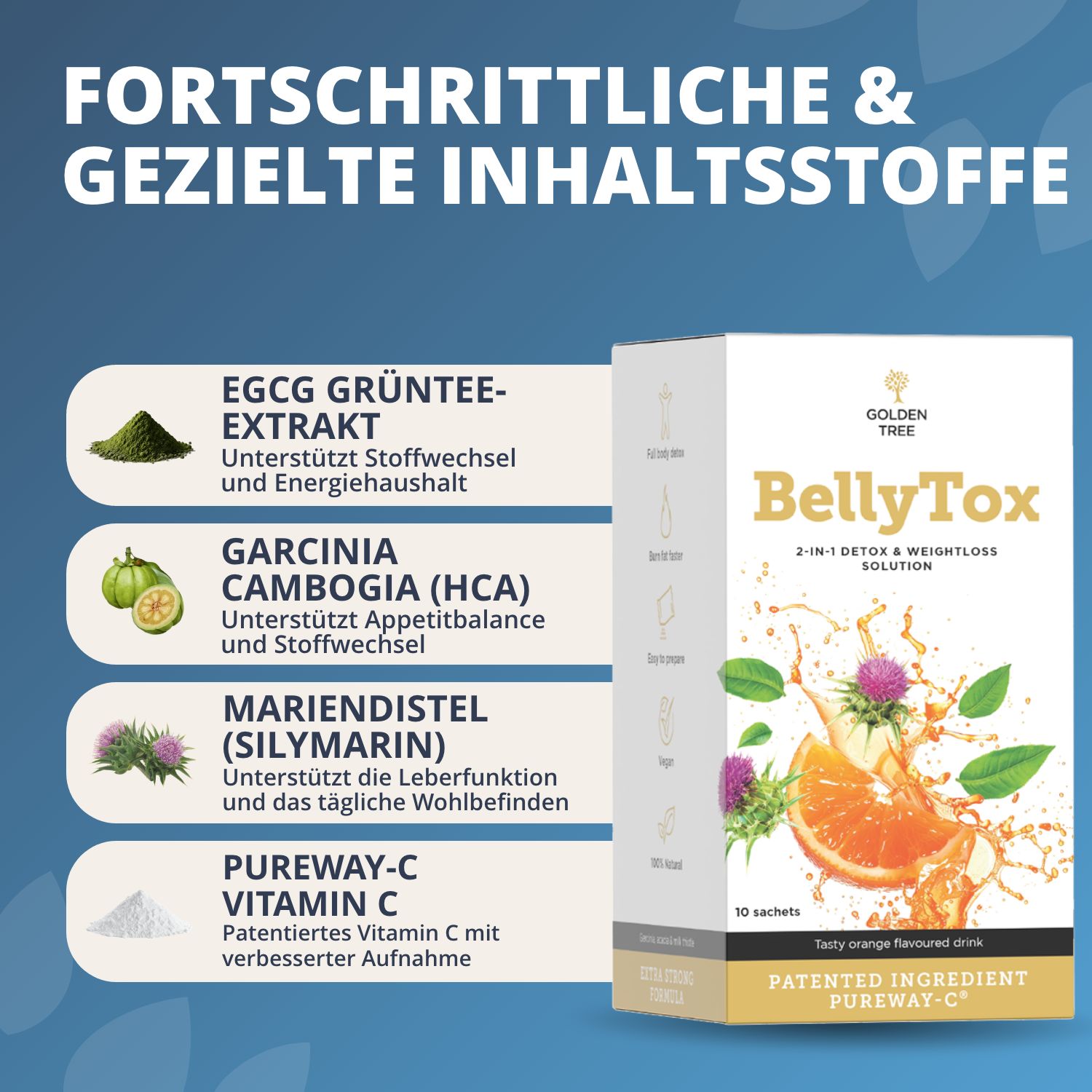 Scatola Golden Tree BellyTox con elenco ingredienti: EGCG, Garcinia Cambogia, Cardo Mariano, Vitamina C.