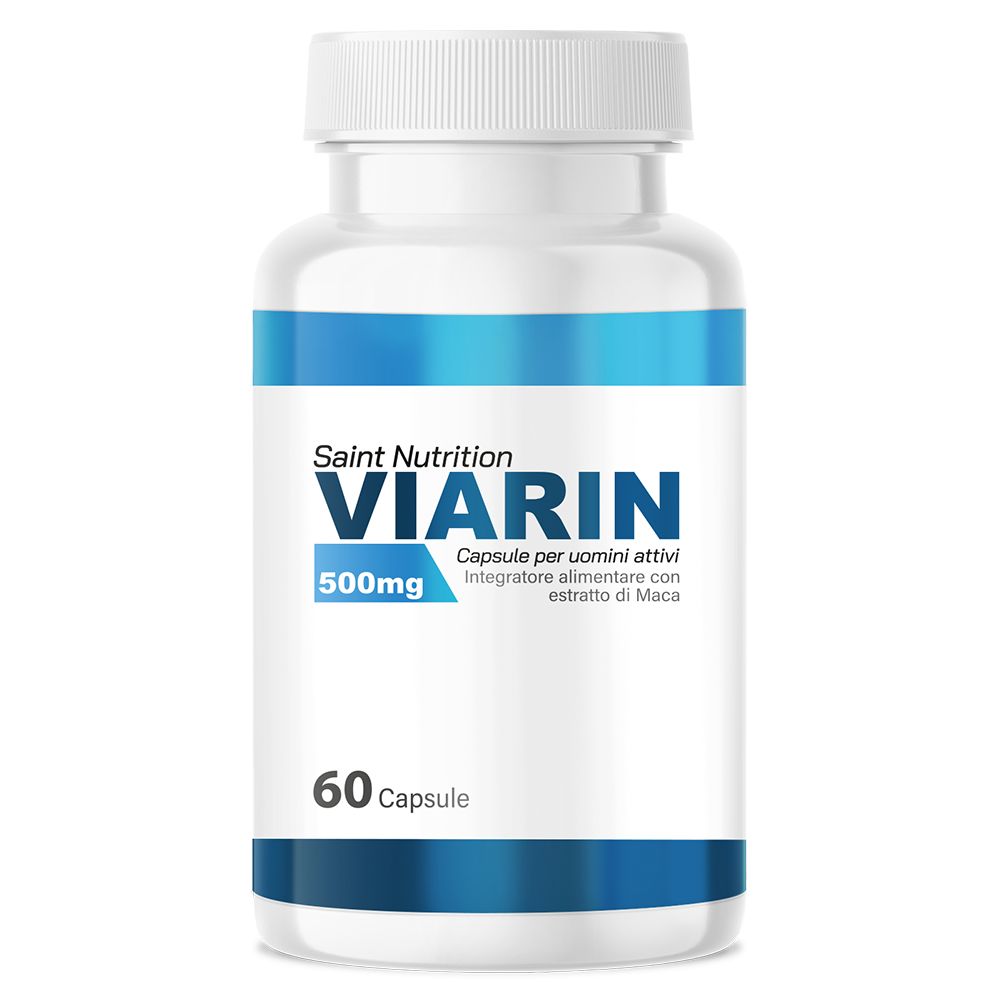 Flacone bianco con fascia blu. Scritta: Saint Nutrition Viarin, 500mg, 60 capsule. Capsule per uomini attivi.