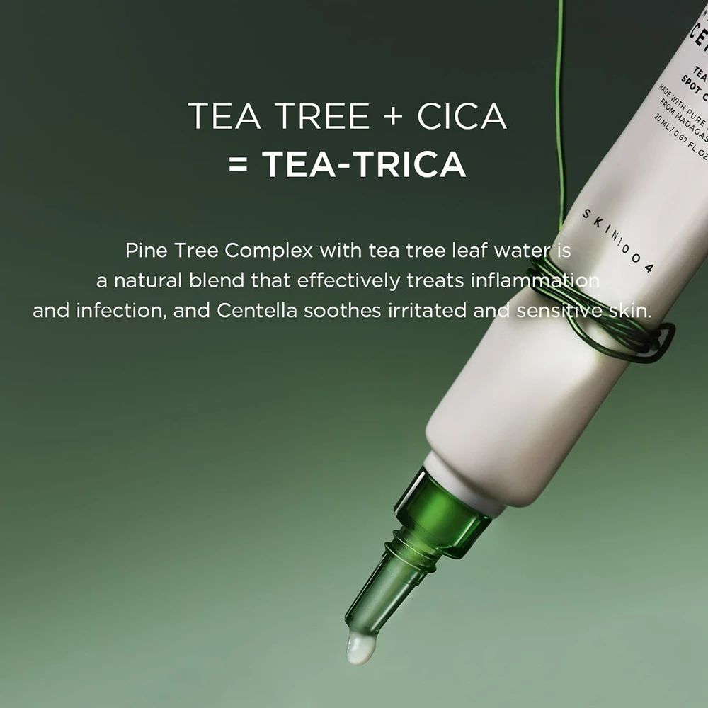 Tubo del prodotto con testo: TEA TREE + CICA = TEA-TRICA. Goccia di liquido. Testo: SKIN1004.
