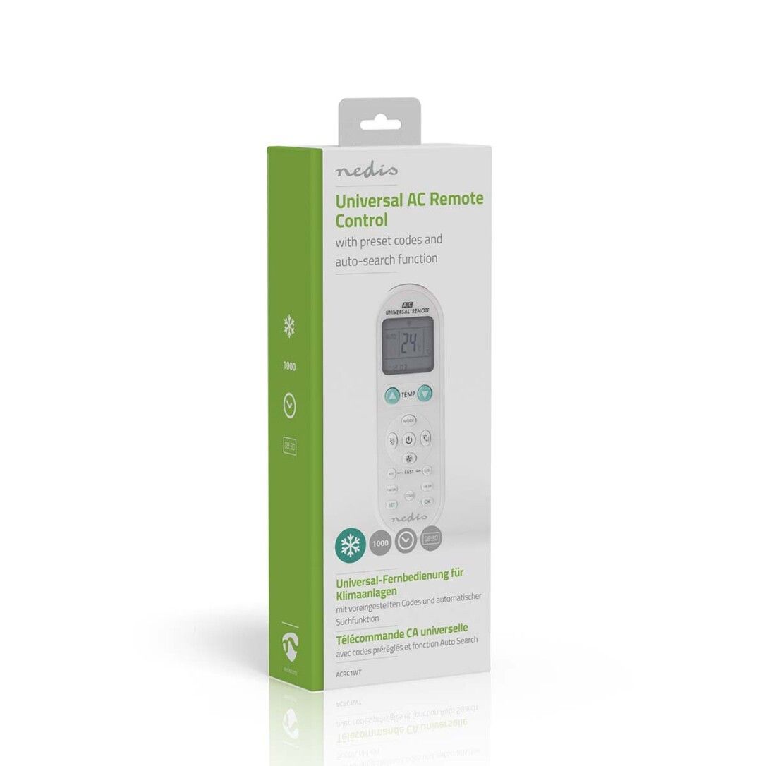 Confezione del telecomando. Testo: Universal AC Remote Control, con preimpostazioni e funzione di ricerca automatica. Marchio: Nedis.