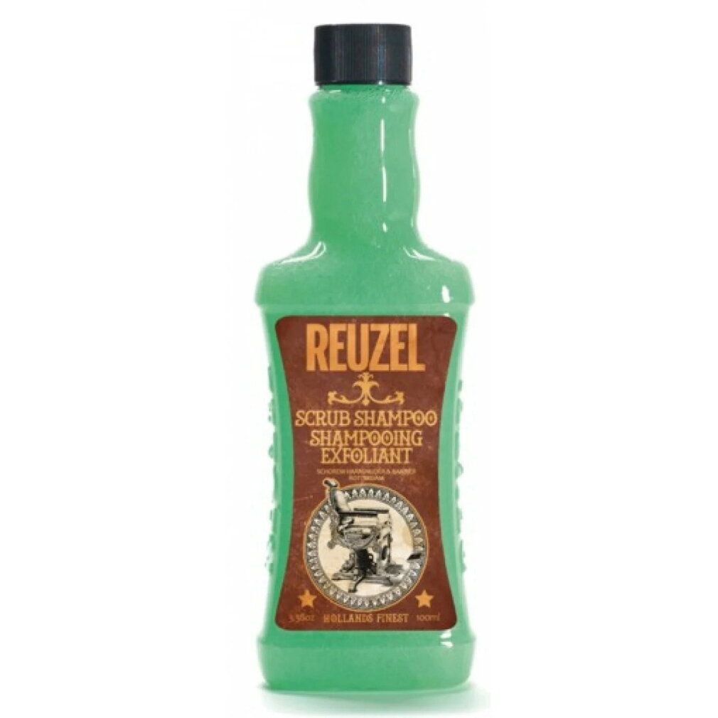 Flacone verde Reuzel Scrub Shampoo con etichetta marrone e tappo nero.