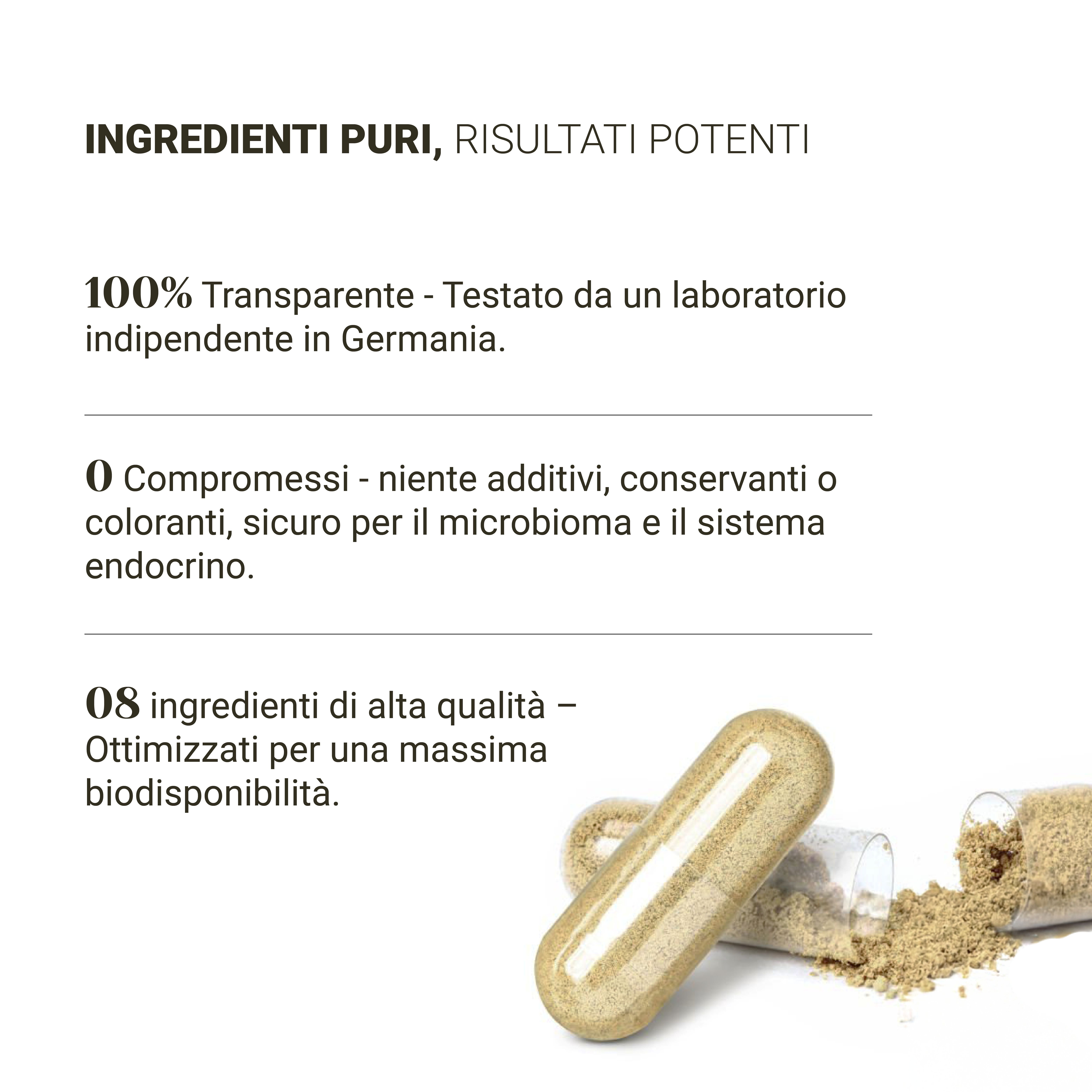 Capsule e polvere. Testo: Ingredienti puri, risultati potenti.