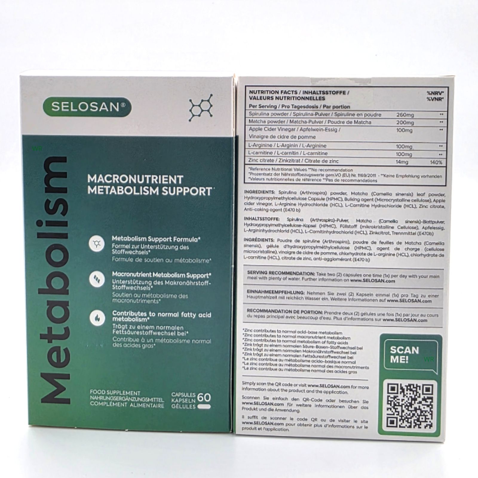 Scatola aperta di capsule Selosan. Scritta: "Metabolism", "Macronutrient Metabolism Support". Contiene 60 capsule. Informazioni nutrizionali sul retro.