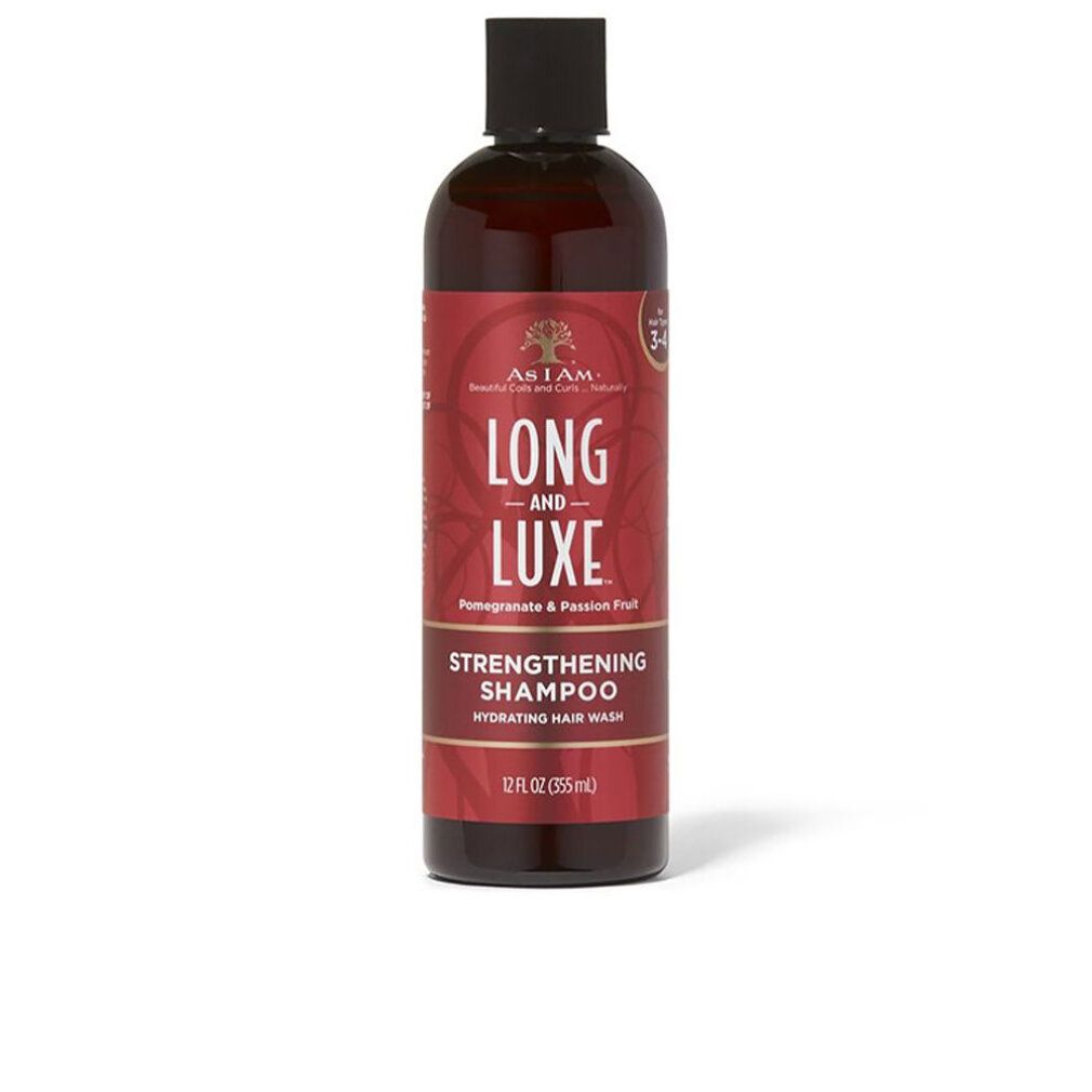 Flacone di shampoo marrone con etichetta rossa. Testo: Long and Luxe, Strengthening Shampoo. 12 fl oz (355 ml).