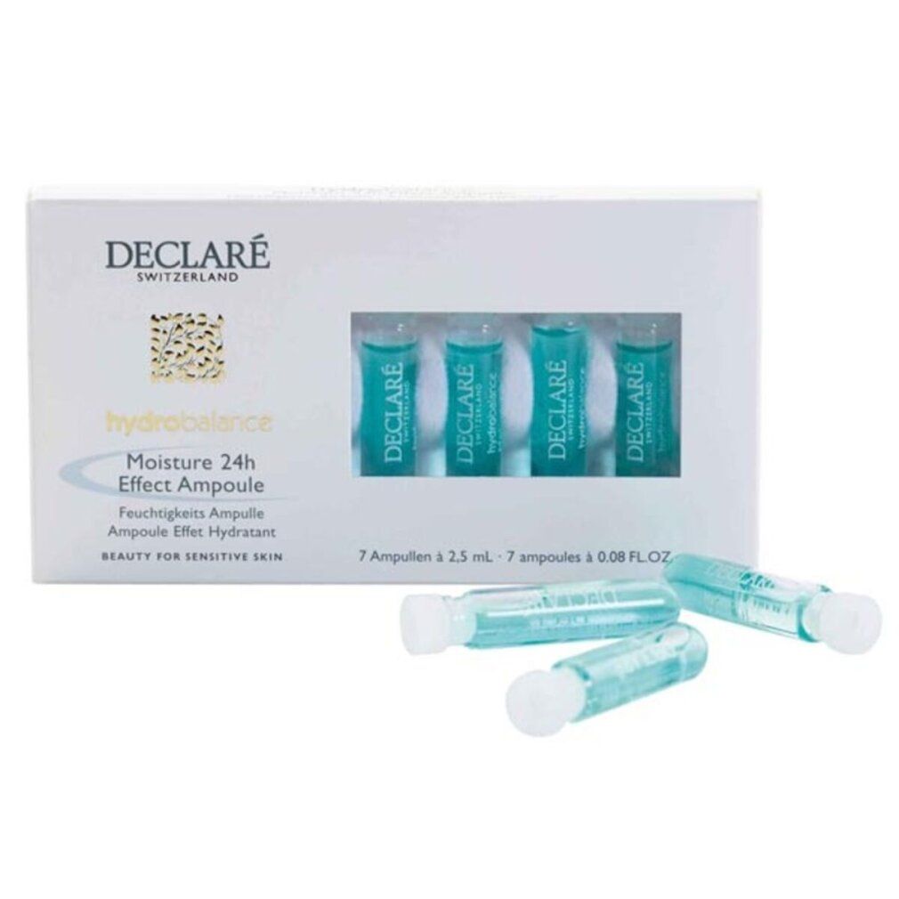 Confezione di fiale. Contiene 7 fiale con liquido blu. Scritta: Declare Switzerland, hydrobalance, Moisture 24h Effect Ampoule.
