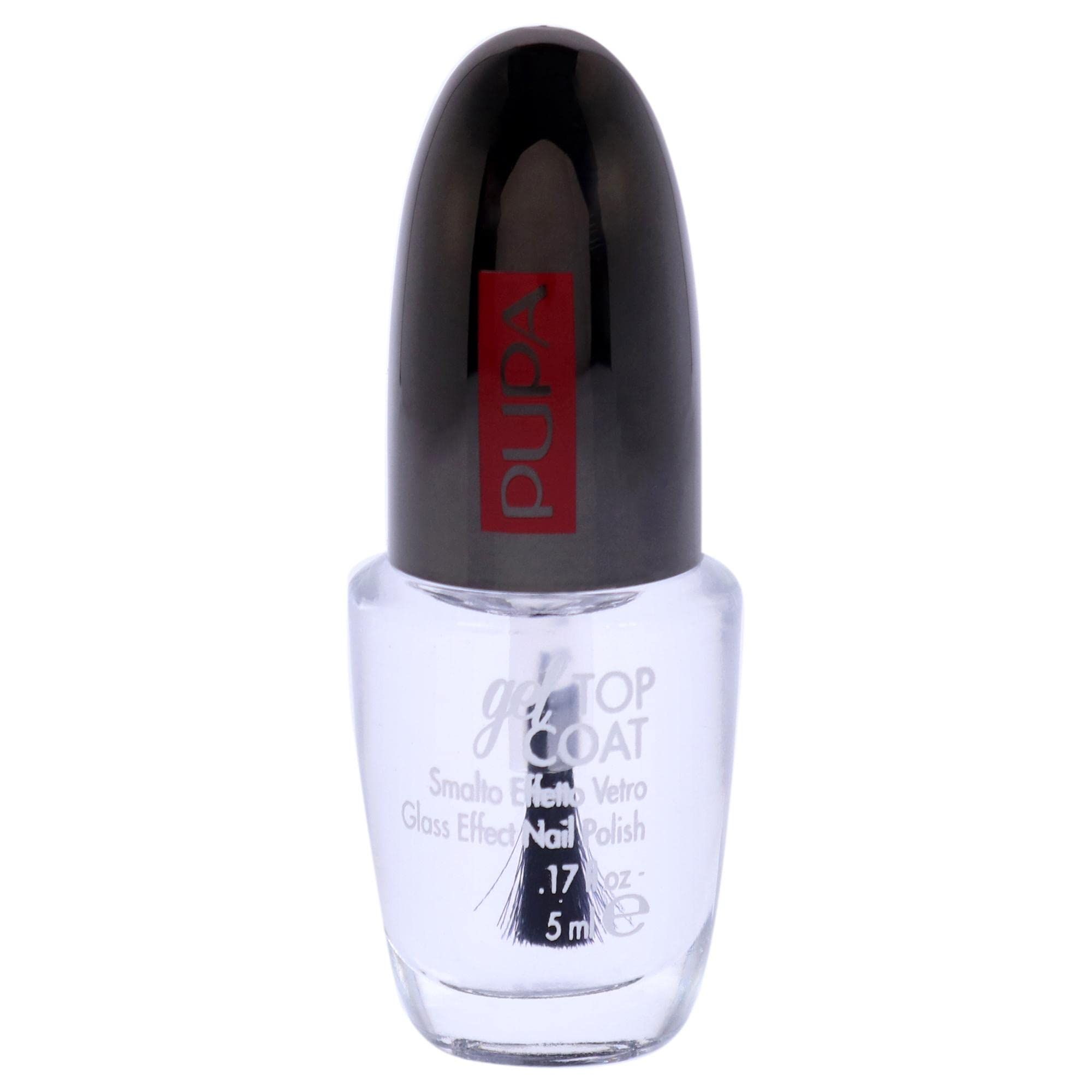 Flacone di smalto trasparente con tappo nero. Scritta: gel TOP COAT, Smalto Effetto Vetro, 5 ml. Logo Pupa.