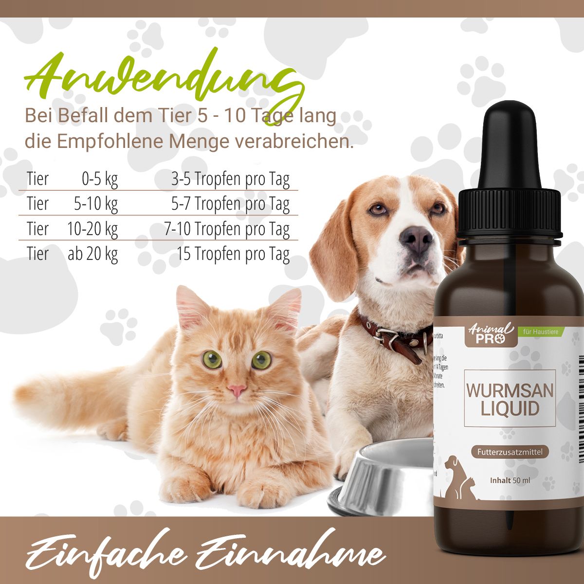 Flacone del prodotto accanto a gatto e cane. Testo: Facile assunzione. Tabella di dosaggio. Etichetta con nome del prodotto.