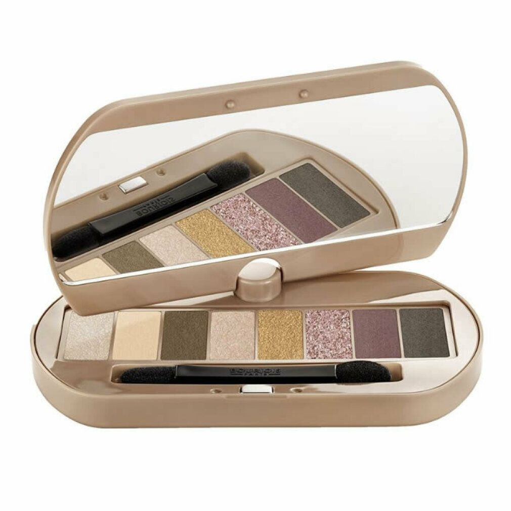 Palette ombretti con specchio e applicatore. Otto tonalità nude. Aperta, con coperchio e specchio.