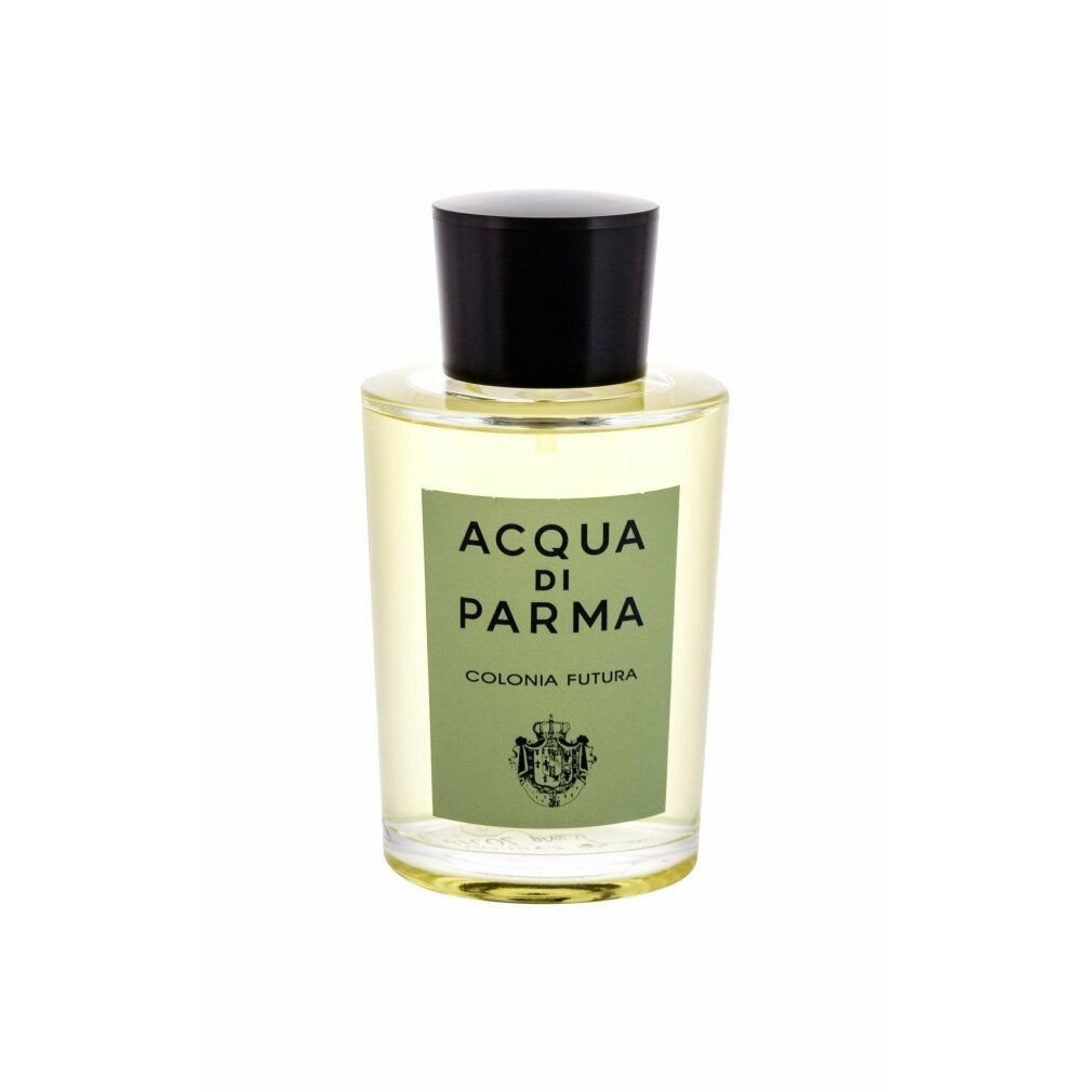 Flacone con tappo nero. Scritta: Acqua Di Parma Colonia Futura. Etichetta verde con stemma. Flacone trasparente.