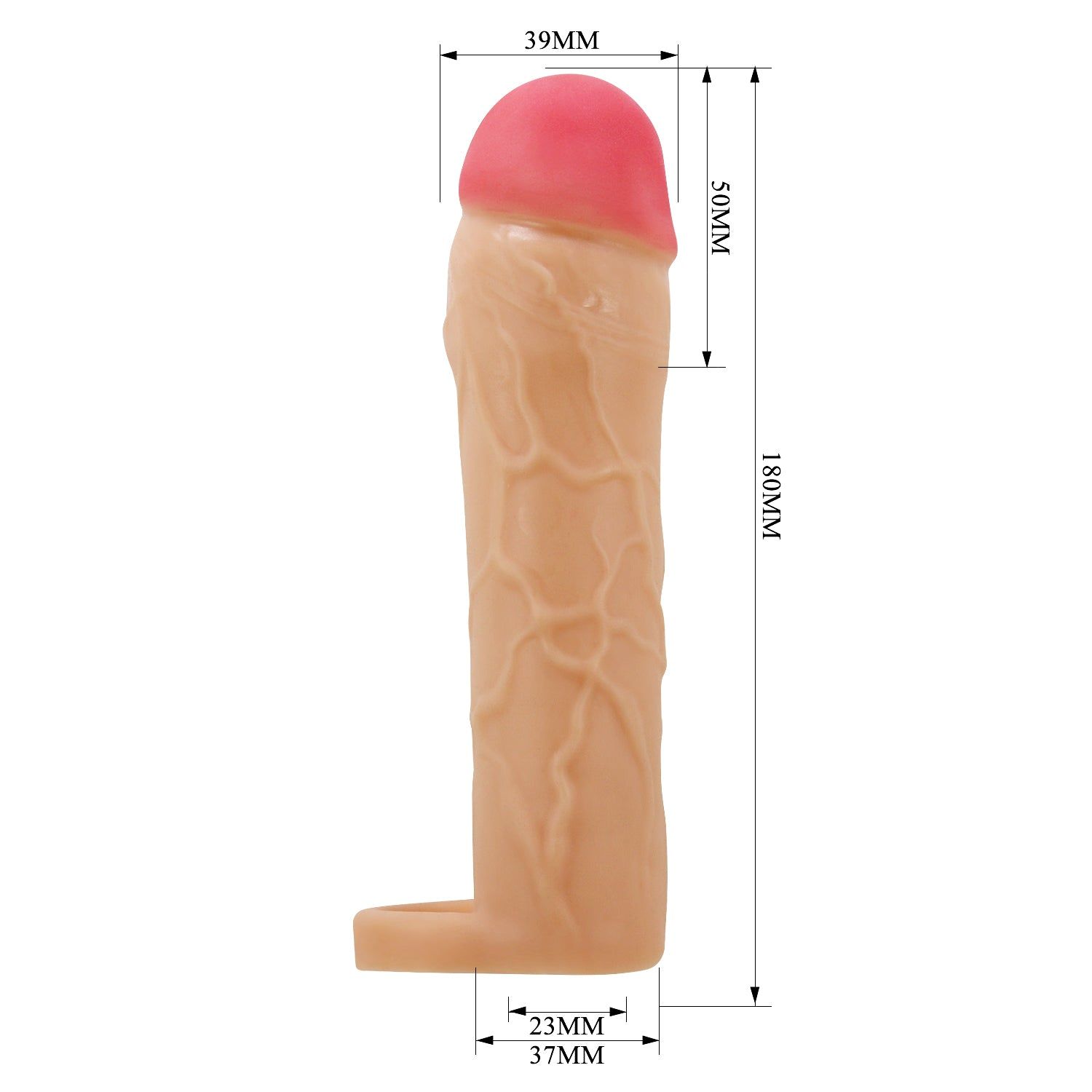 Extender per pene beige con punta rosa. Motivo venoso visibile. Dimensioni: 180mm lungo, 39mm largo, 50mm alto.
