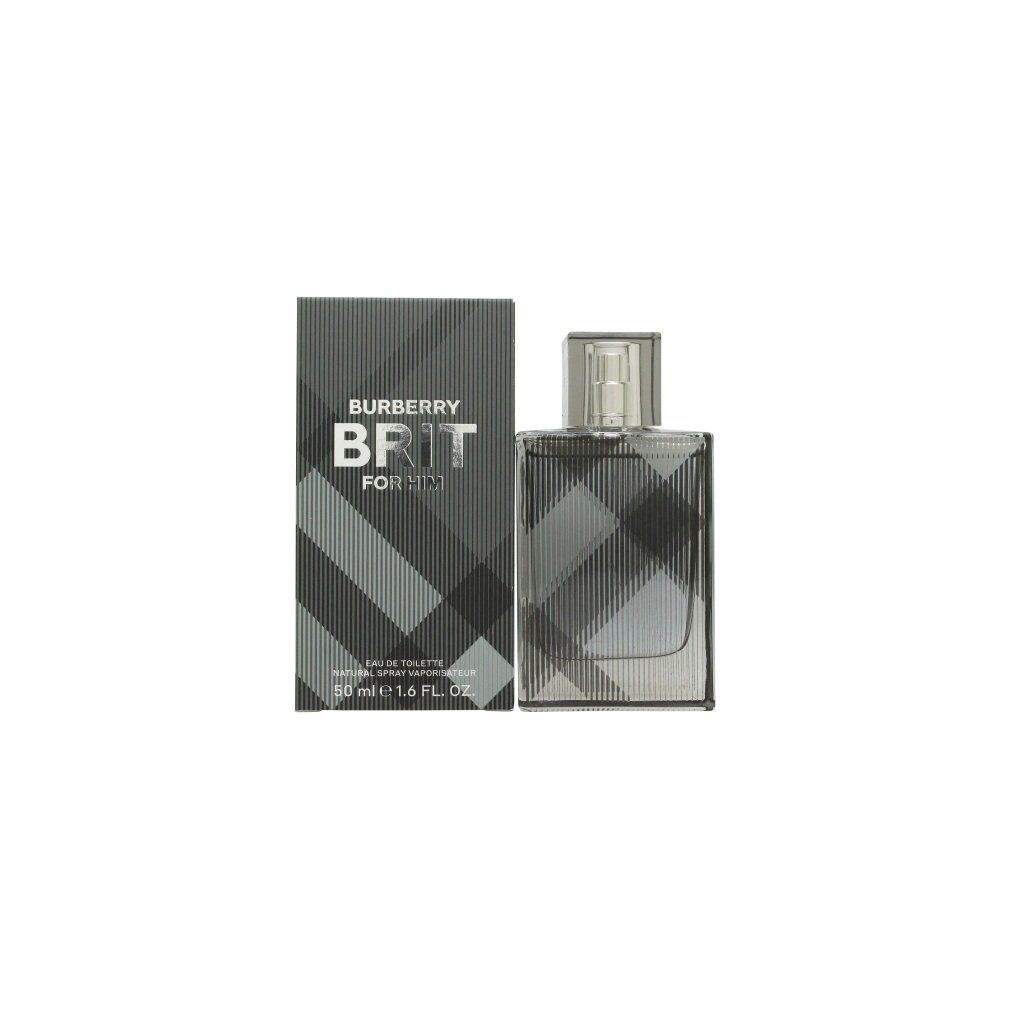 Flacone e confezione di BURBERRY BRIT FOR HIM. Flacone rettangolare con tappo argentato. Confezione con motivo a quadri e logo.