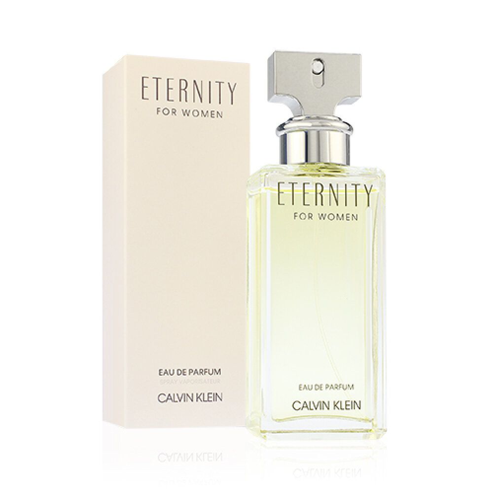 Flacone e confezione. Scritta "Eternity for Women" e "Calvin Klein". Flacone rettangolare con tappo argentato.