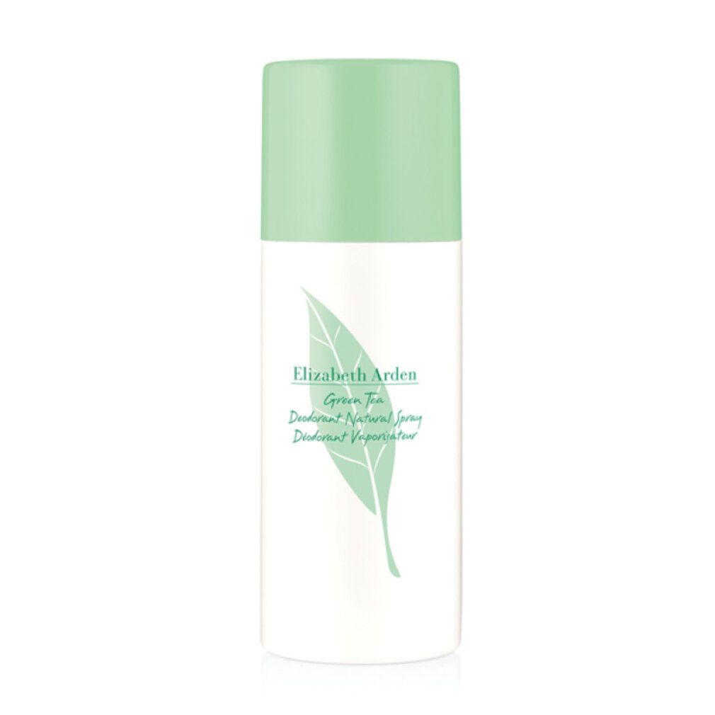 Spray deodorante con tappo verde. Scritta: Elizabeth Arden Green Tea. Logo foglia. 5 FL.OZ. 150 ml.