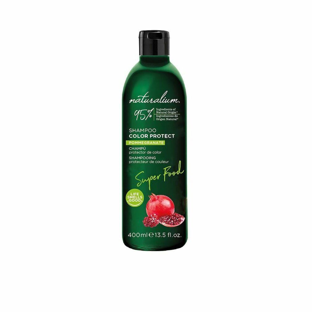Flacone di shampoo verde con tappo nero. Scritta: Shampoo Color Protect, Melograno, Super Food. 400ml.