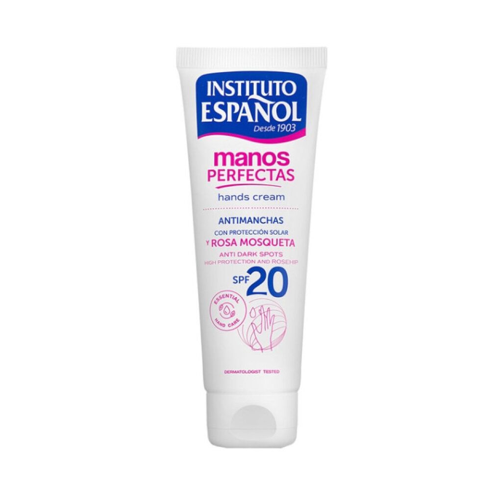 Tubo bianco Instituto Español, Manos Perfectas, Anti-macchie, SPF 20. Crema mani.