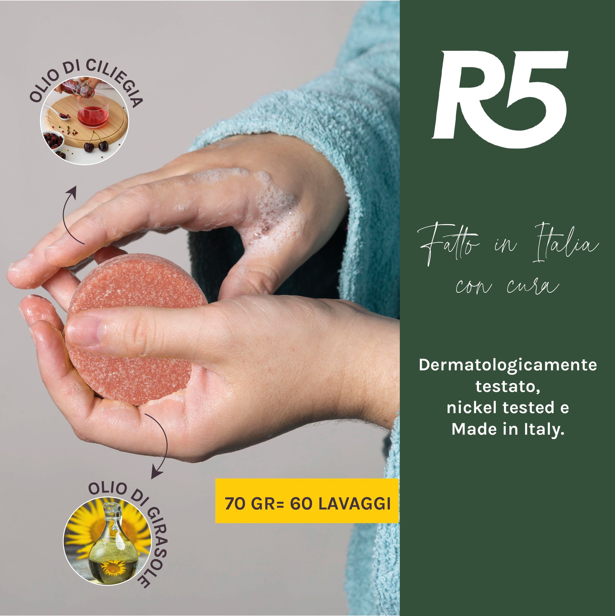 Shampoo solido R5 tra le mani, con olio di ciliegia e girasole. 70g equivalgono a 60 lavaggi. Testato dermatologicamente.