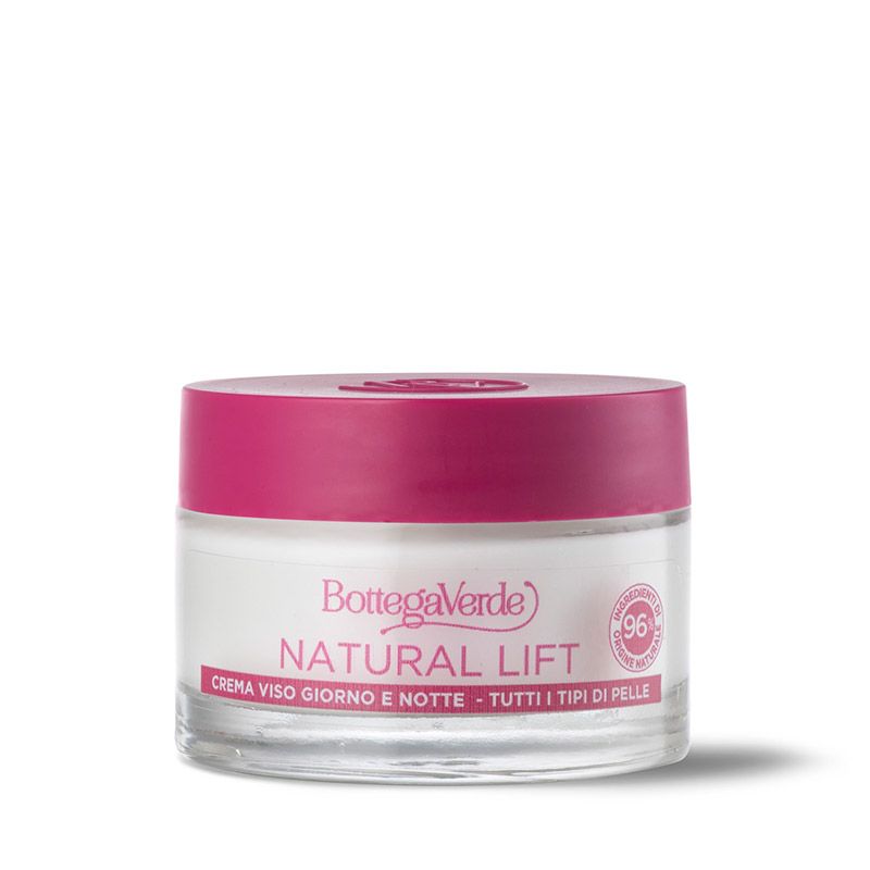 Vasetto di crema con coperchio rosa. Scritta: Natural Lift, Crema viso giorno e notte. Per tutti i tipi di pelle.