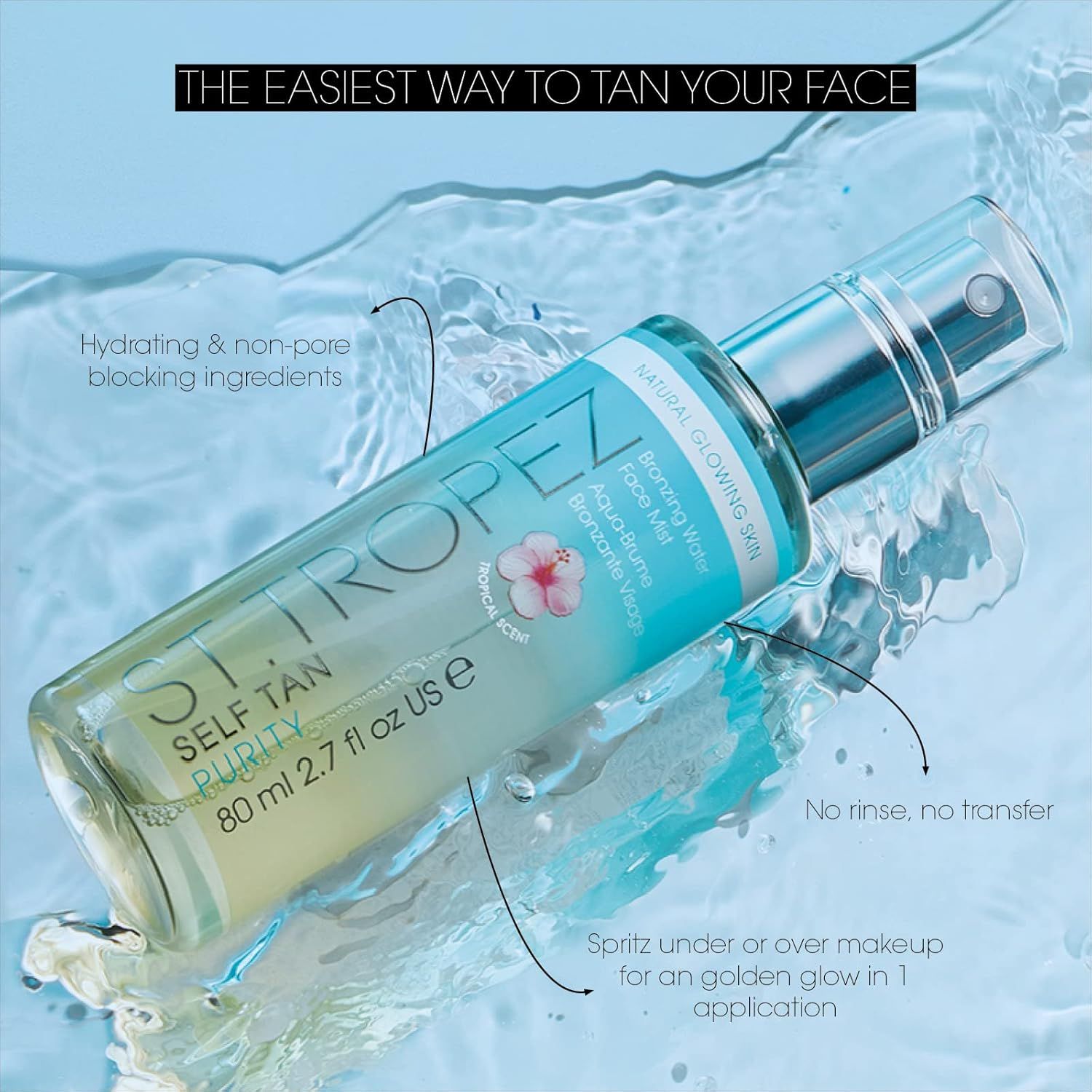 St.Tropez Self Tan Purity Water Bronzing Face Mist. Flacone spray, liquido trasparente. Testo: Idratante e non ostruente. Per un'abbronzatura dorata.
