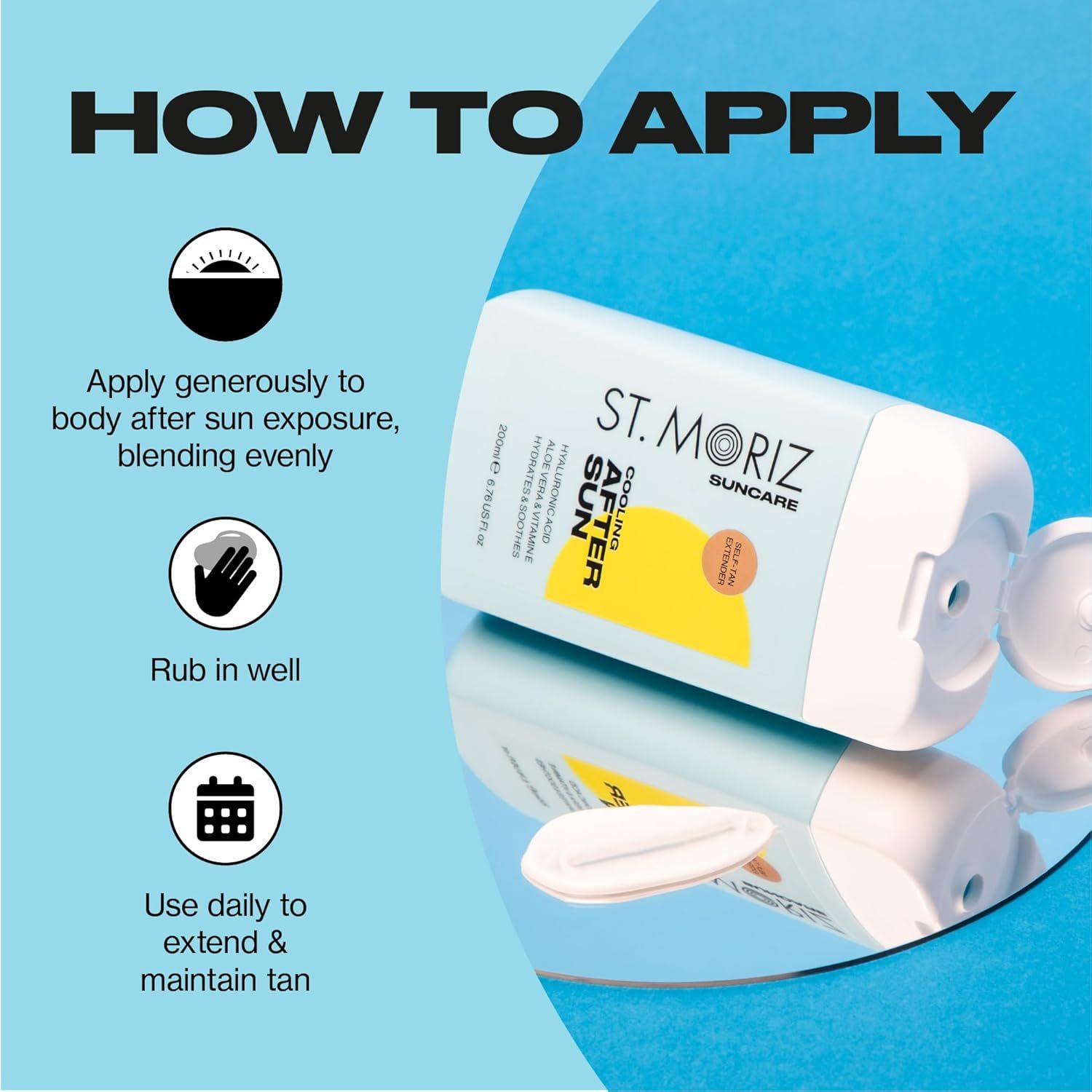 Gel doposole ST. MORIZ su specchio. Testo: Cooling After Sun, acido ialuronico, aloe vera e vitamine. 200ml. Self Tan Extender. Istruzioni.