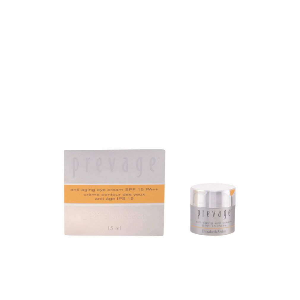 Confezione e vasetto di crema. Scritta: Prevage, Anti-Aging Eye Cream SPF 15 PA++, 15 ml, Elizabeth Arden.