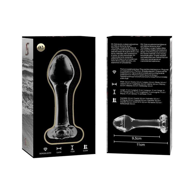 Confezione e plug anale in vetro trasparente, dimensioni: 11cm lunghezza, 3,5cm larghezza.