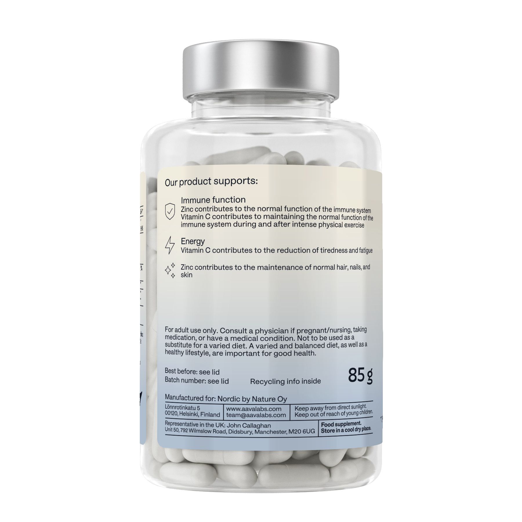 Retro del flacone con informazioni. 85g. Supporta la funzione immunitaria, l'energia, la pelle, i capelli e le unghie.