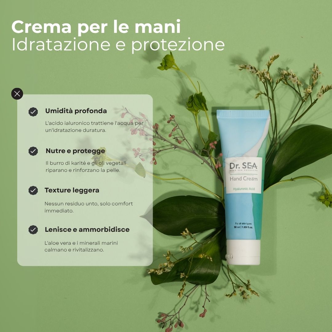 Tubo di crema mani con testo. Testo: Crema per le mani, idratazione e protezione. Sfondo verde.