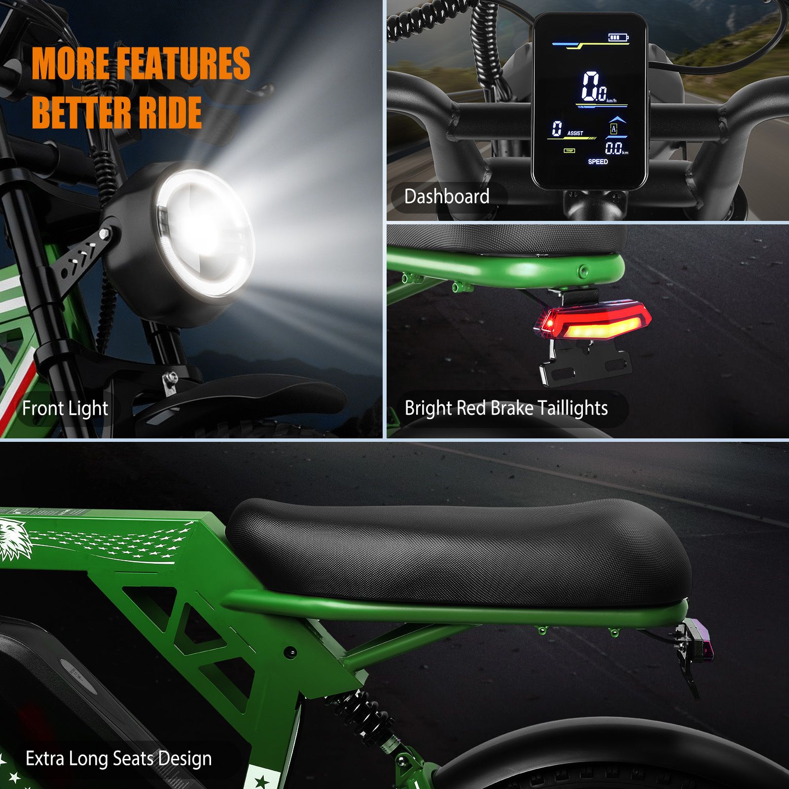 Viste dettagliate dell'e-bike: faro anteriore, display digitale, fanale posteriore e sella. Colore verde e nero.
