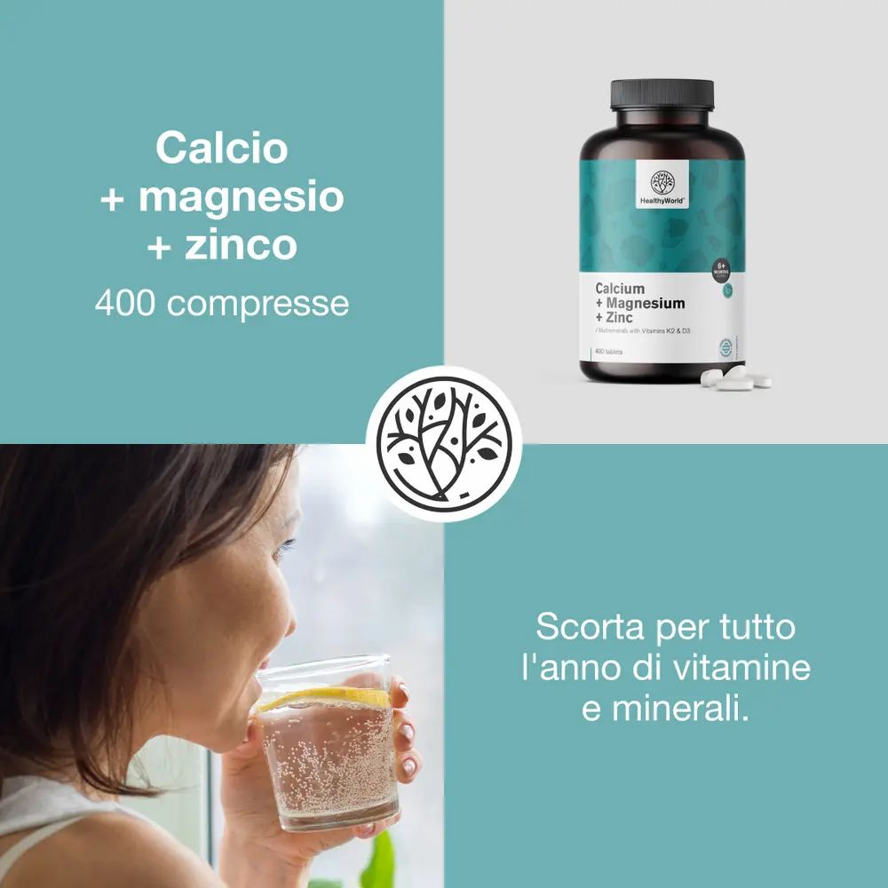 Donna beve acqua e limone. Flacone di compresse. Testo: Calcio + magnesio + zinco, 400 compresse.
