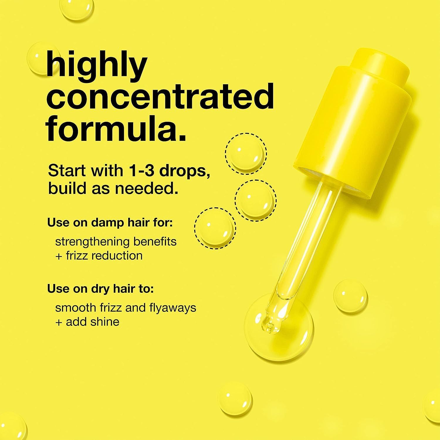Sfondo giallo con flacone e pipetta. Testo: K18, molecular repair hair oil. Istruzioni per l'uso.