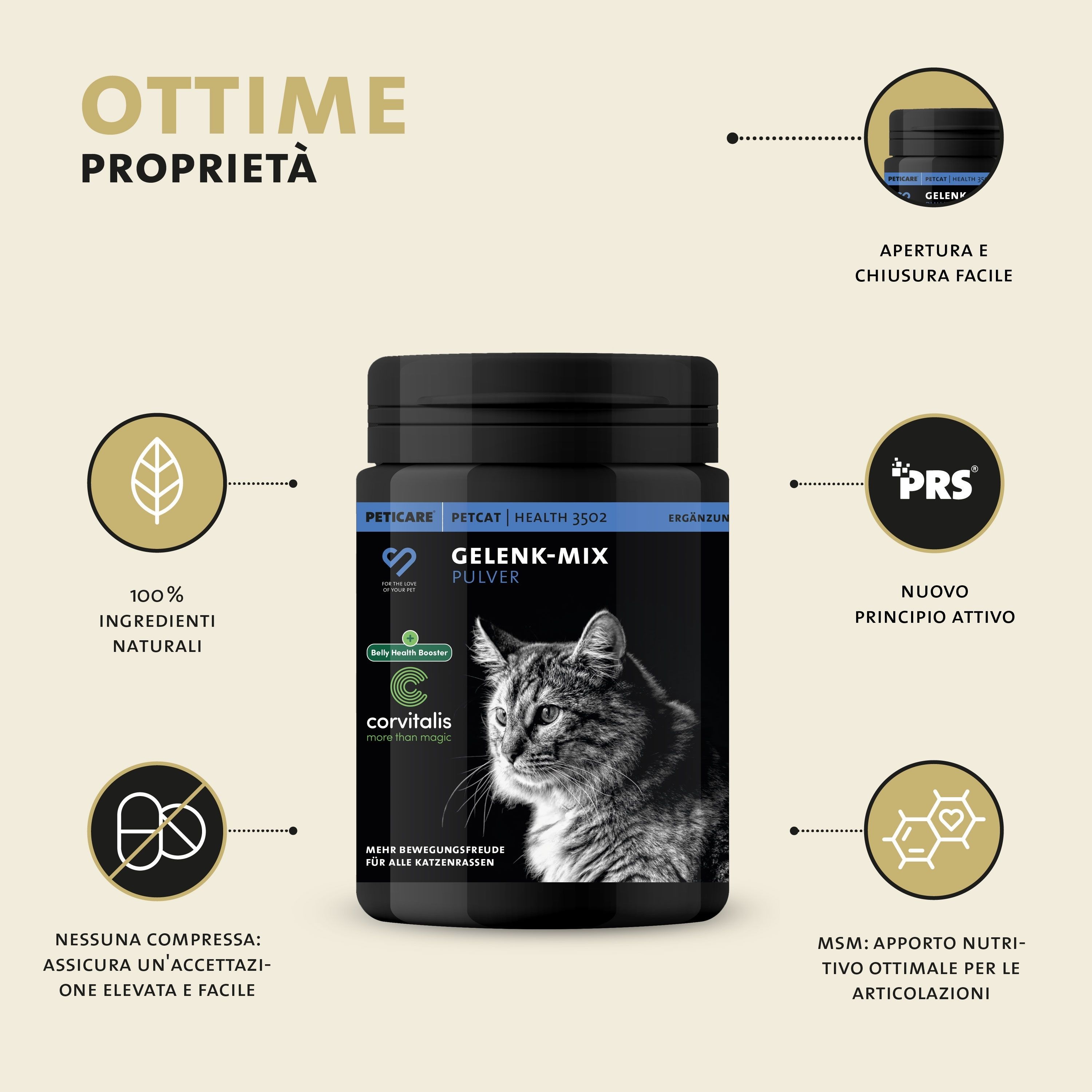 Barattolo nero con polvere. Testo: Gelenk-Mix Pulver. Loghi: Peticare, gatto.