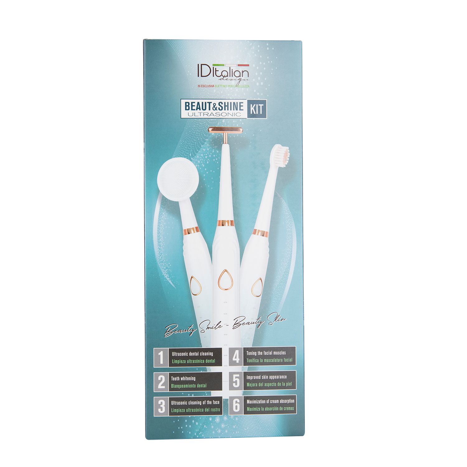 Confezione kit con illustrazione di un kit 3-in-1 a ultrasuoni per viso e denti bianco e oro rosa. Include base, testine, rasoio e spazzola.