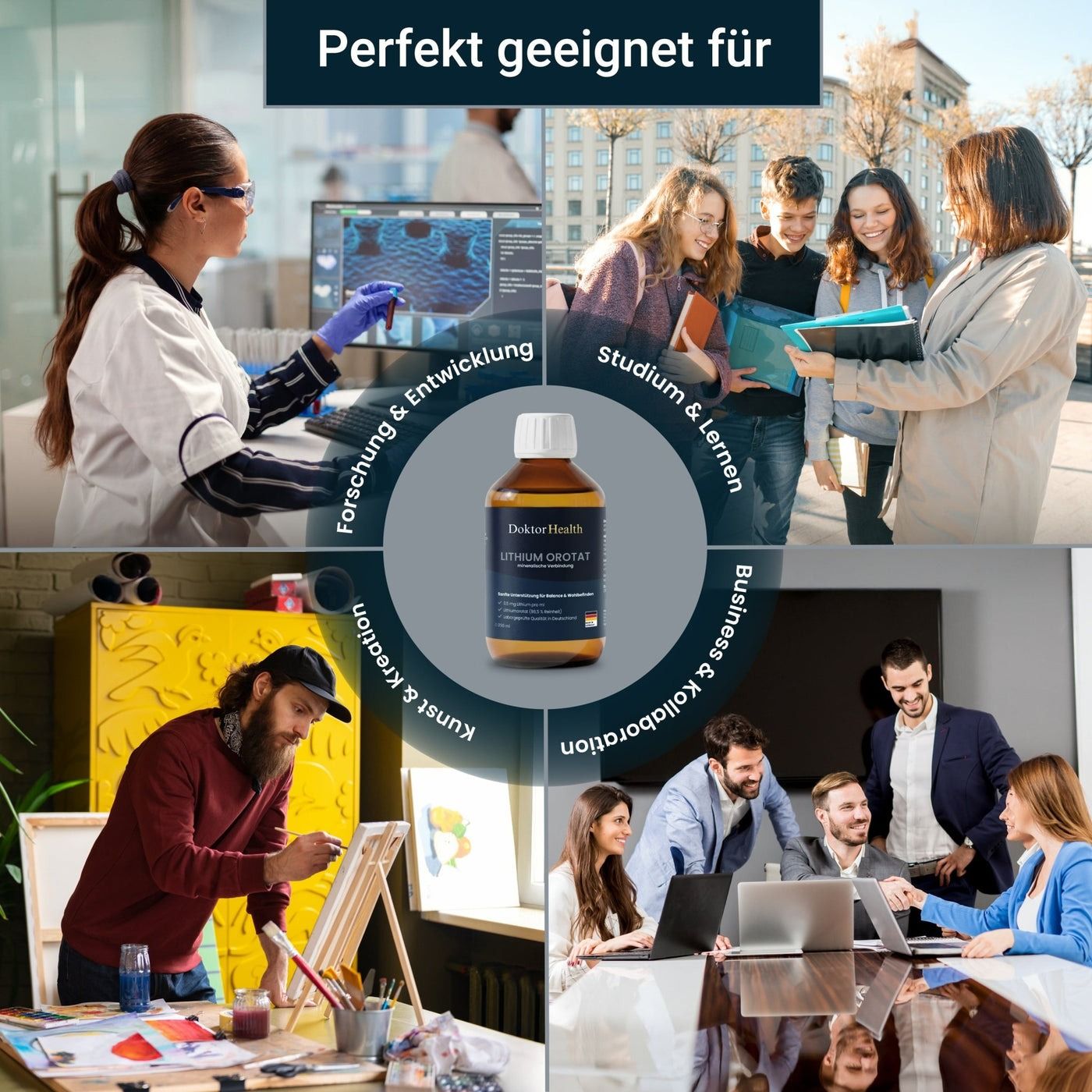 Immagine mostra una bottiglia di Doktor Health Lithium Orotat, circondata da scene di ricerca, studio, arte e affari.
