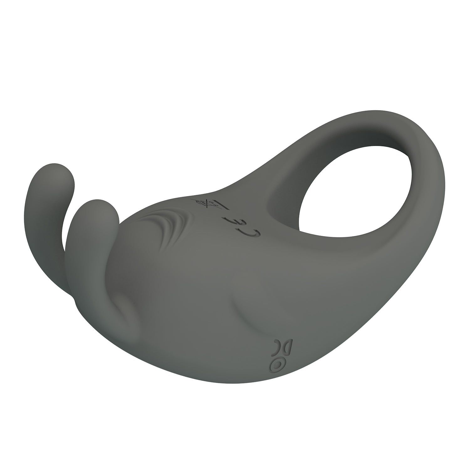 Anello grigio con due protuberanze. Simboli sul retro. Su sfondo bianco.