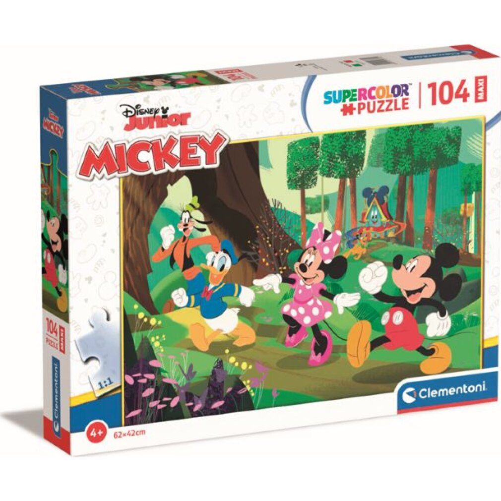 Scatola puzzle con Topolino e amici. 104 pezzi, formato maxi. Logo Clementoni. Logo Disney Junior.