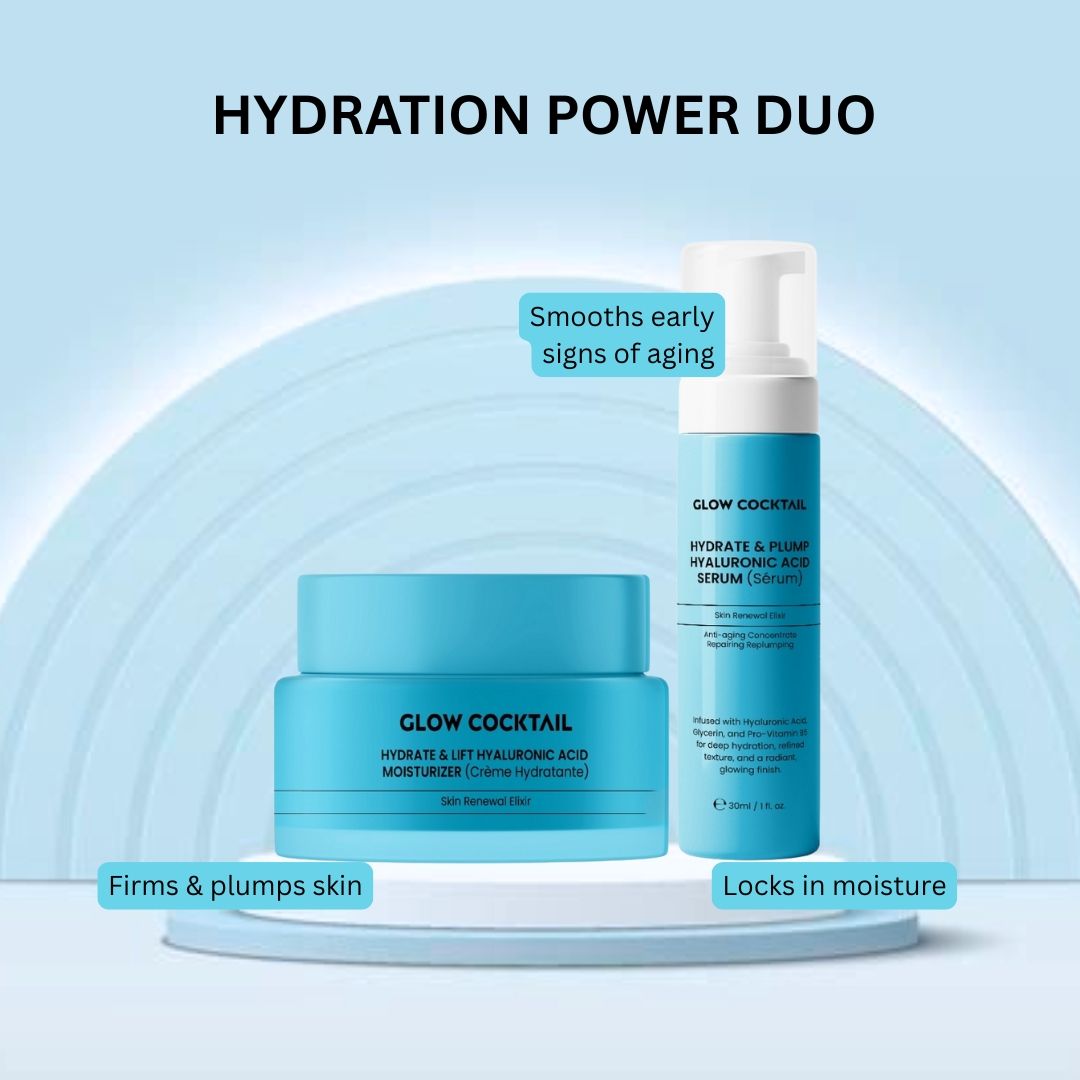 Due prodotti cosmetici blu su piedistallo. Scritta: Glow Cocktail, Hydrate & Lift Hyaluronic Acid. Testo: Hydration Power Duo.
