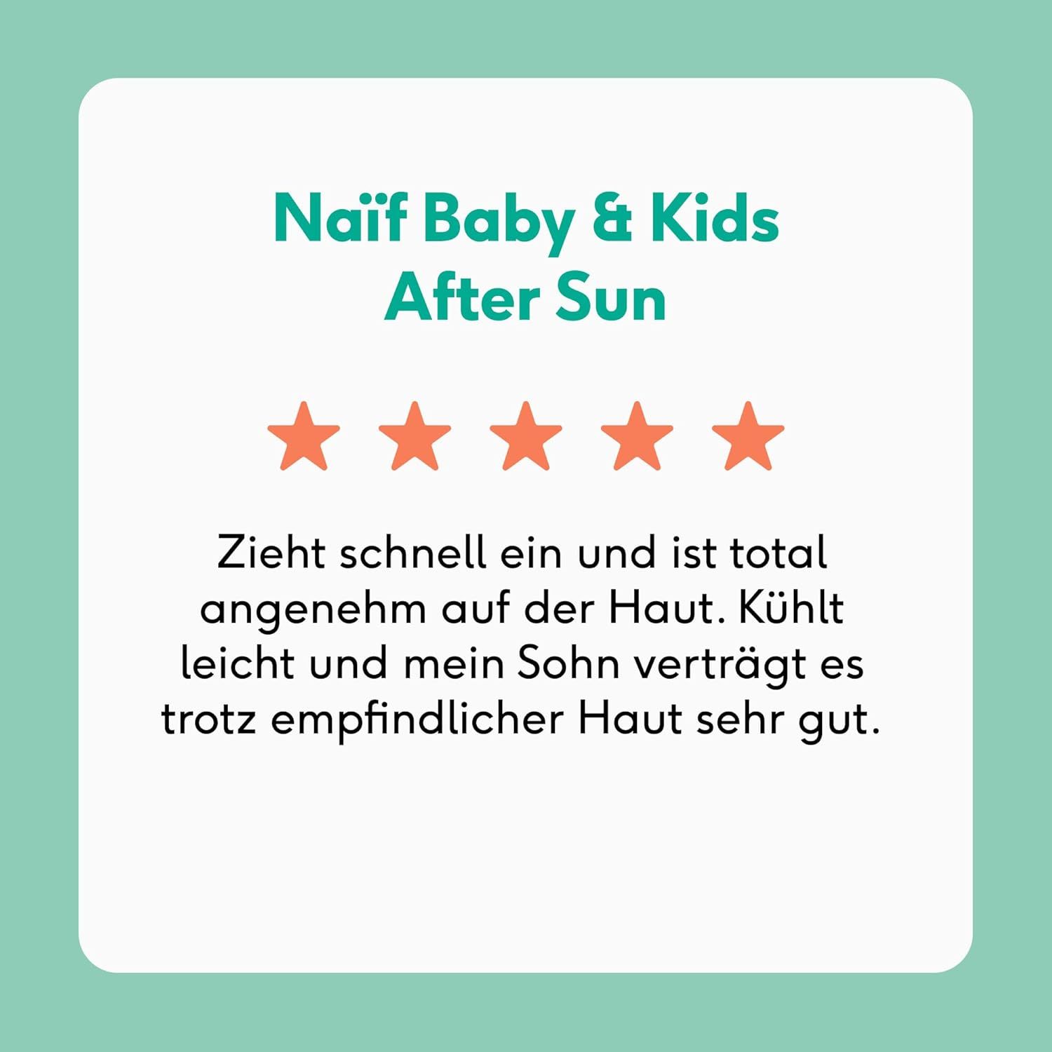 Valutazione del prodotto. Testo: Naïf Baby & Kids After Sun. 5 stelle. Assorbimento rapido e piacevole.