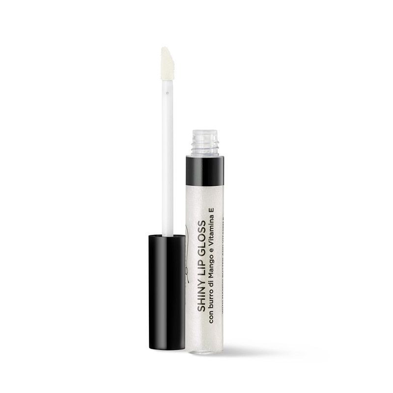 Lucidalabbra lucido con applicatore. Tubo trasparente con tappo nero. Scritta: Shiny Lip Gloss con burro di mango e vitamina E.